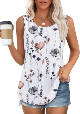 OFEEFAN Womens Tank Tops Loose Fit Dressy Casual Sleeveless Blouses Summer Outfits Round Neck Pleated Front Curved Hem