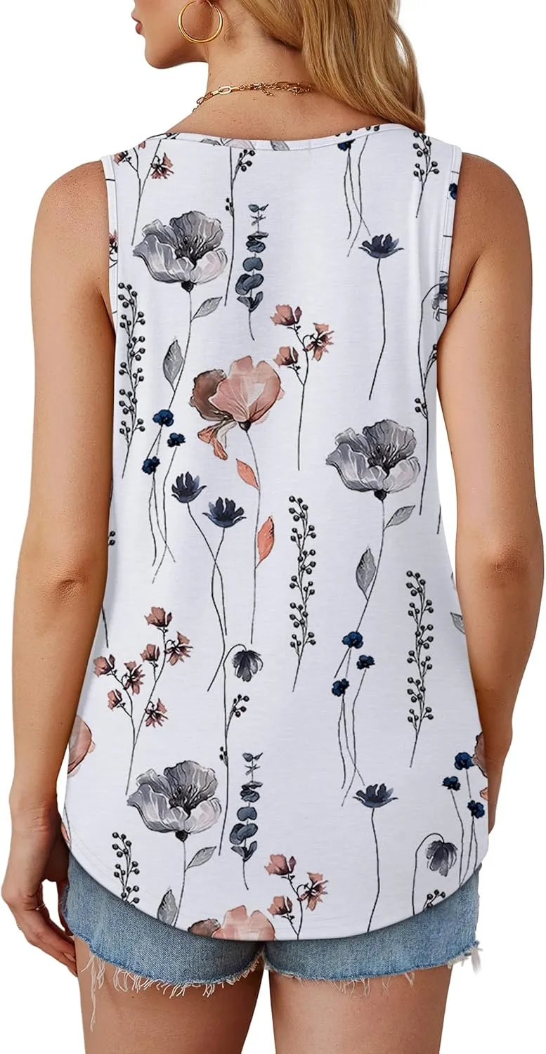 OFEEFAN Womens Tank Tops Loose Fit Dressy Casual Sleeveless Blouses Summer Outfits Round Neck Pleated Front Curved Hem