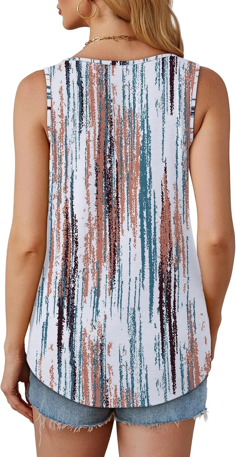 OFEEFAN Womens Tank Tops Loose Fit Dressy Casual Sleeveless Blouses Summer Outfits Round Neck Pleated Front Curved Hem