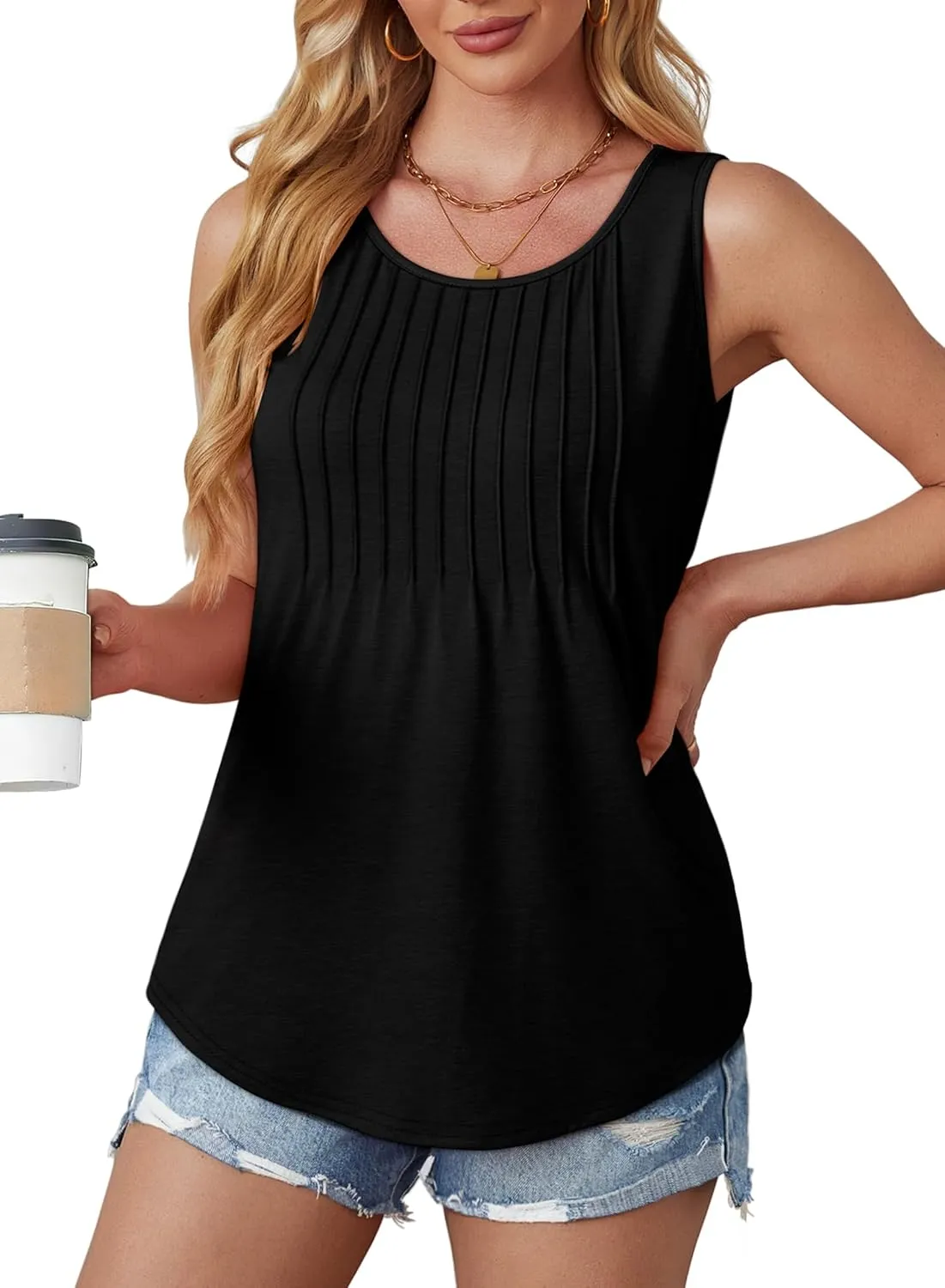 OFEEFAN Womens Tank Tops Loose Fit Dressy Casual Sleeveless Blouses Summer Outfits Round Neck Pleated Front Curved Hem