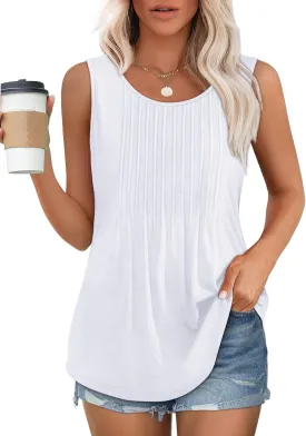 OFEEFAN Womens Tank Tops Loose Fit Dressy Casual Sleeveless Blouses Summer Outfits Round Neck Pleated Front Curved Hem