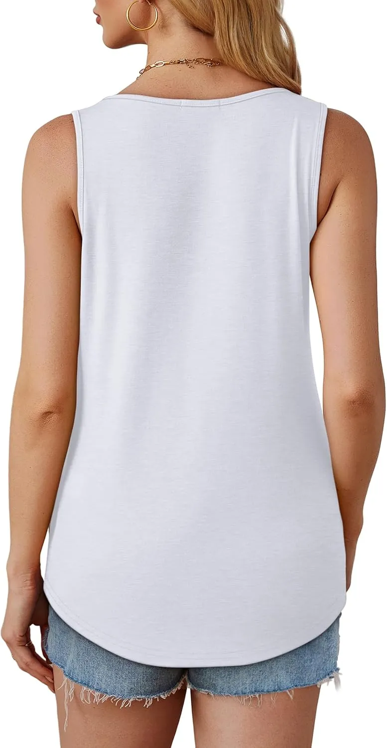 OFEEFAN Womens Tank Tops Loose Fit Dressy Casual Sleeveless Blouses Summer Outfits Round Neck Pleated Front Curved Hem