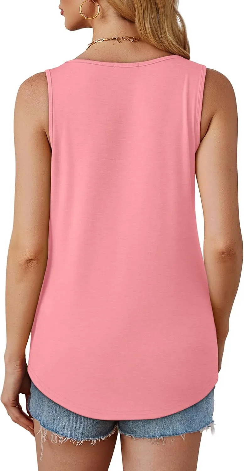 OFEEFAN Womens Tank Tops Loose Fit Dressy Casual Sleeveless Blouses Summer Outfits Round Neck Pleated Front Curved Hem