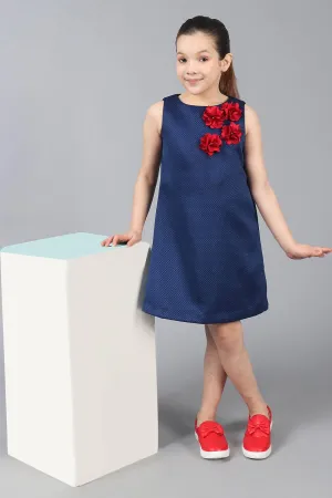 One Friday Kids Girls Navy Blue Sleeveless Dress With Flowers Applique