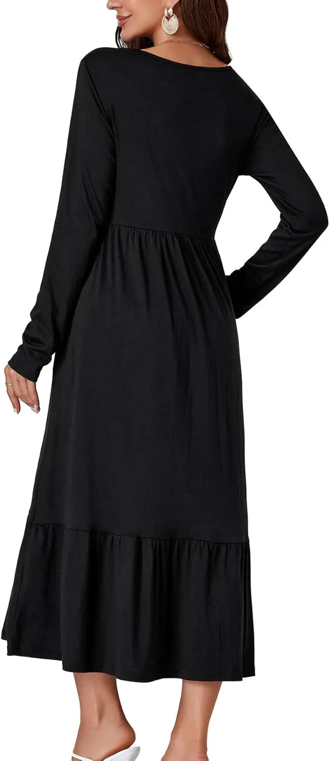 OPOIPIN Women's Long Sleeve Pleated Crewneck Casual Loose Ruffle Trim Swing Midi Dress