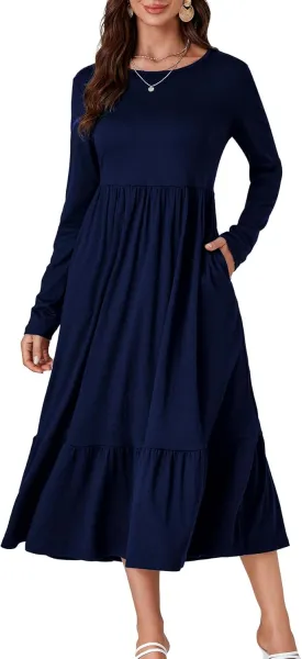 OPOIPIN Women's Long Sleeve Pleated Crewneck Casual Loose Ruffle Trim Swing Midi Dress