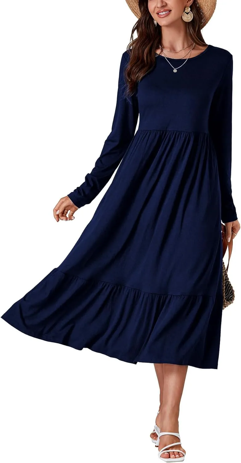 OPOIPIN Women's Long Sleeve Pleated Crewneck Casual Loose Ruffle Trim Swing Midi Dress