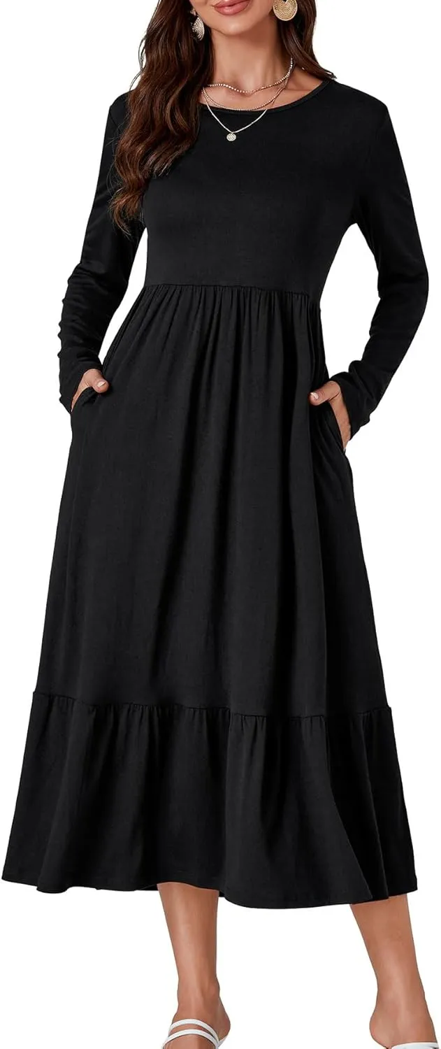 OPOIPIN Women's Long Sleeve Pleated Crewneck Casual Loose Ruffle Trim Swing Midi Dress