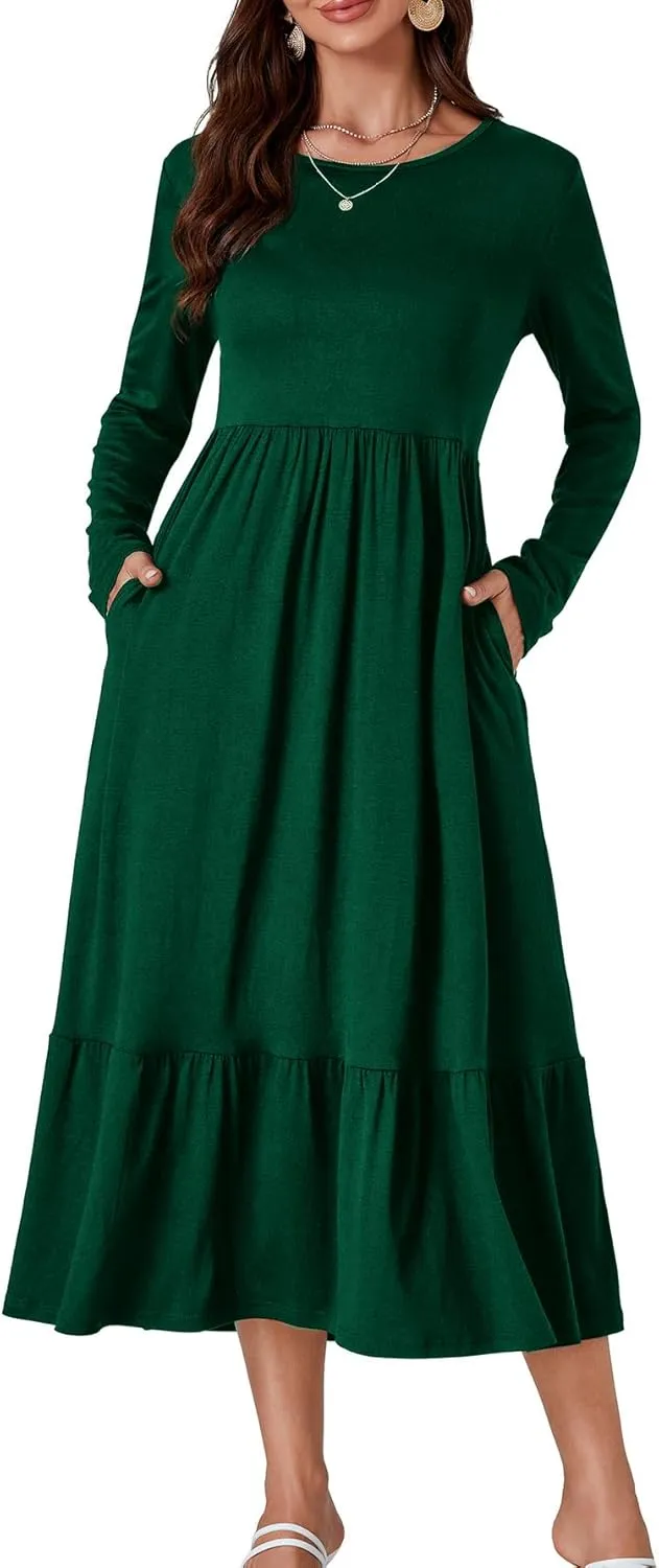 OPOIPIN Women's Long Sleeve Pleated Crewneck Casual Loose Ruffle Trim Swing Midi Dress