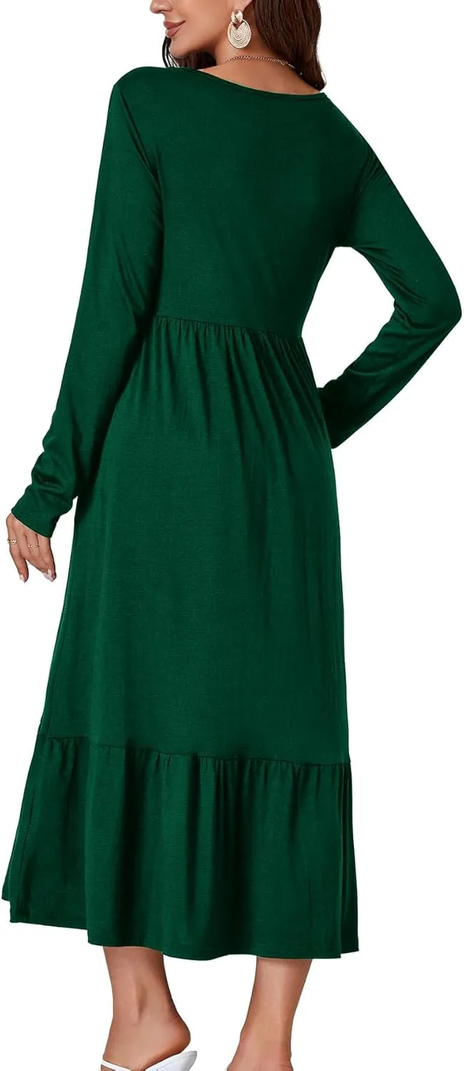 OPOIPIN Women's Long Sleeve Pleated Crewneck Casual Loose Ruffle Trim Swing Midi Dress
