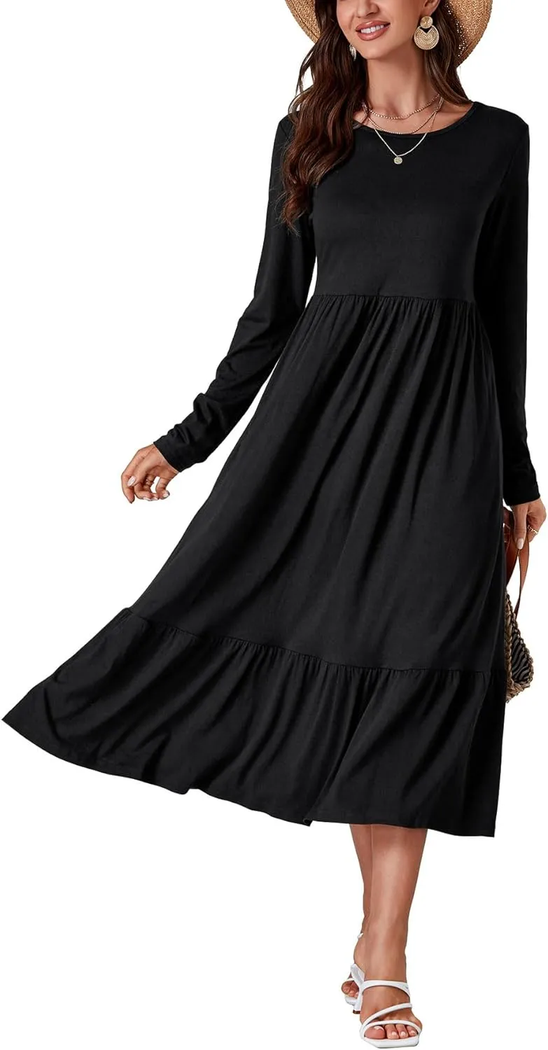 OPOIPIN Women's Long Sleeve Pleated Crewneck Casual Loose Ruffle Trim Swing Midi Dress
