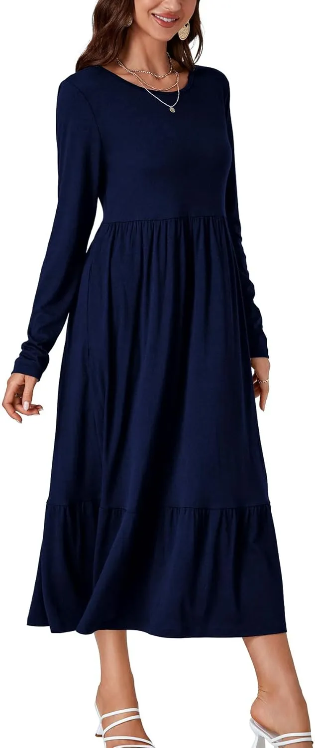 OPOIPIN Women's Long Sleeve Pleated Crewneck Casual Loose Ruffle Trim Swing Midi Dress