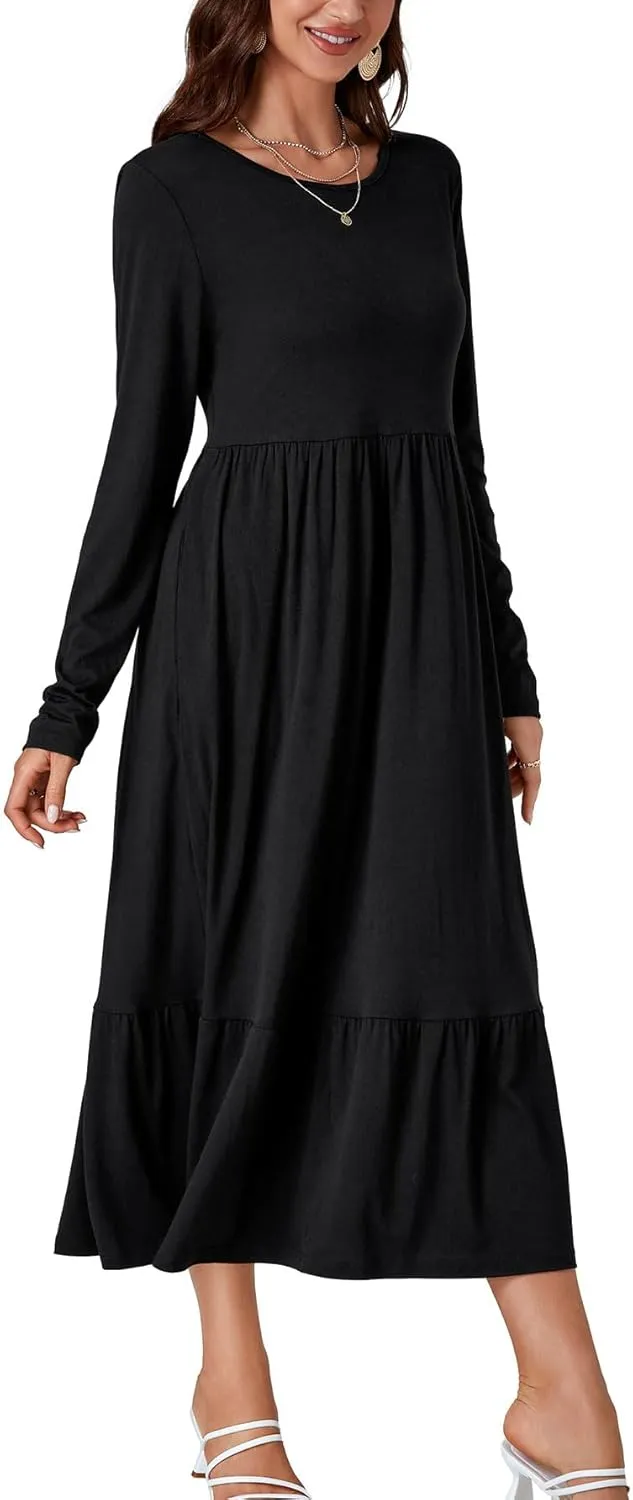 OPOIPIN Women's Long Sleeve Pleated Crewneck Casual Loose Ruffle Trim Swing Midi Dress