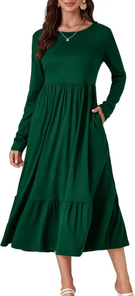 OPOIPIN Women's Long Sleeve Pleated Crewneck Casual Loose Ruffle Trim Swing Midi Dress