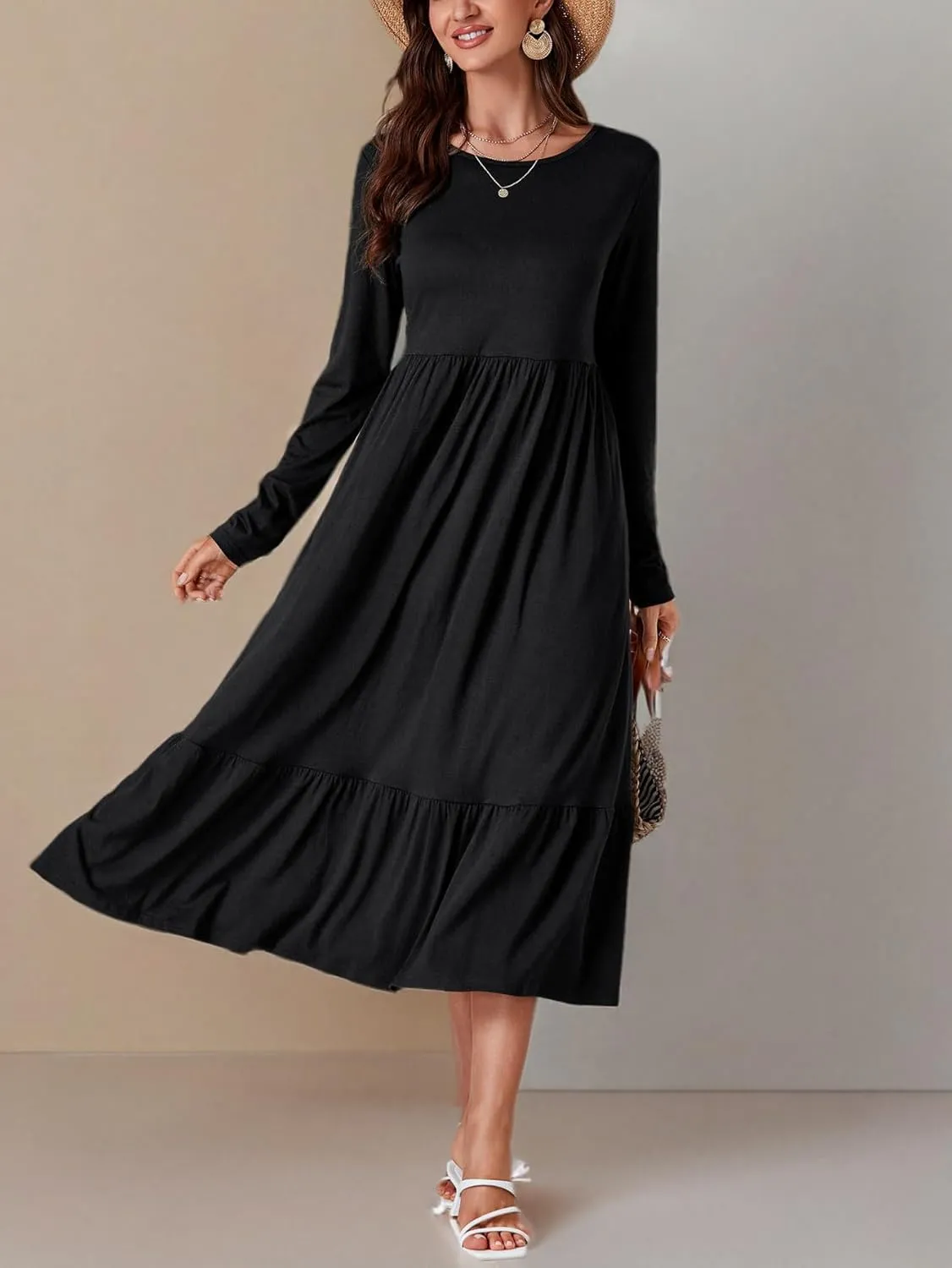 OPOIPIN Women's Long Sleeve Pleated Crewneck Casual Loose Ruffle Trim Swing Midi Dress