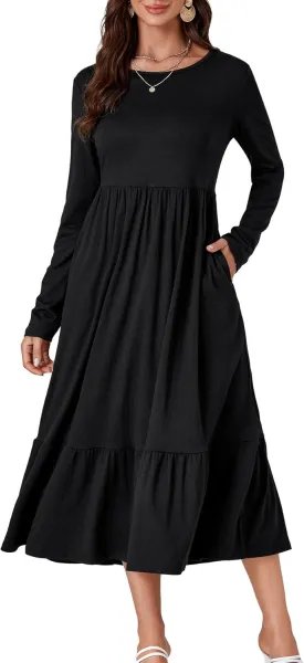 OPOIPIN Women's Long Sleeve Pleated Crewneck Casual Loose Ruffle Trim Swing Midi Dress