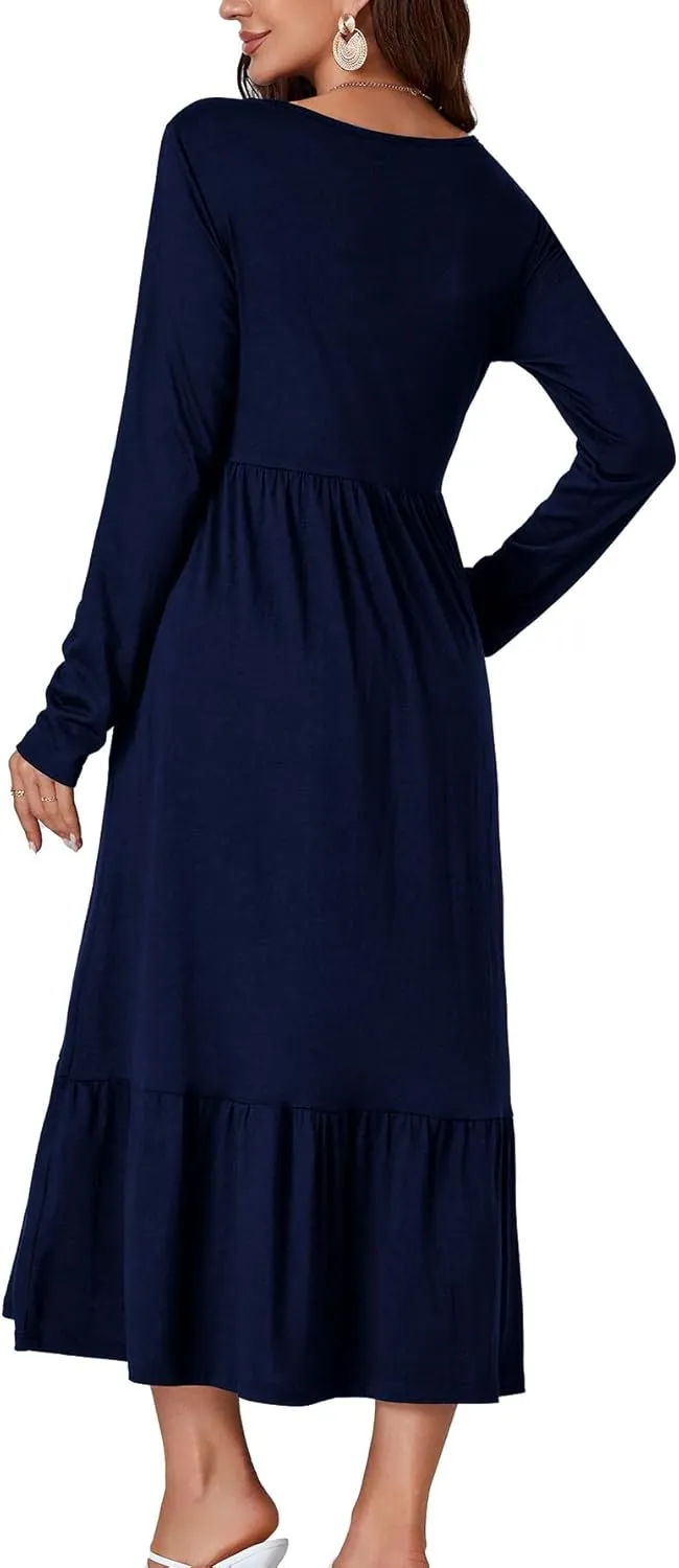 OPOIPIN Women's Long Sleeve Pleated Crewneck Casual Loose Ruffle Trim Swing Midi Dress