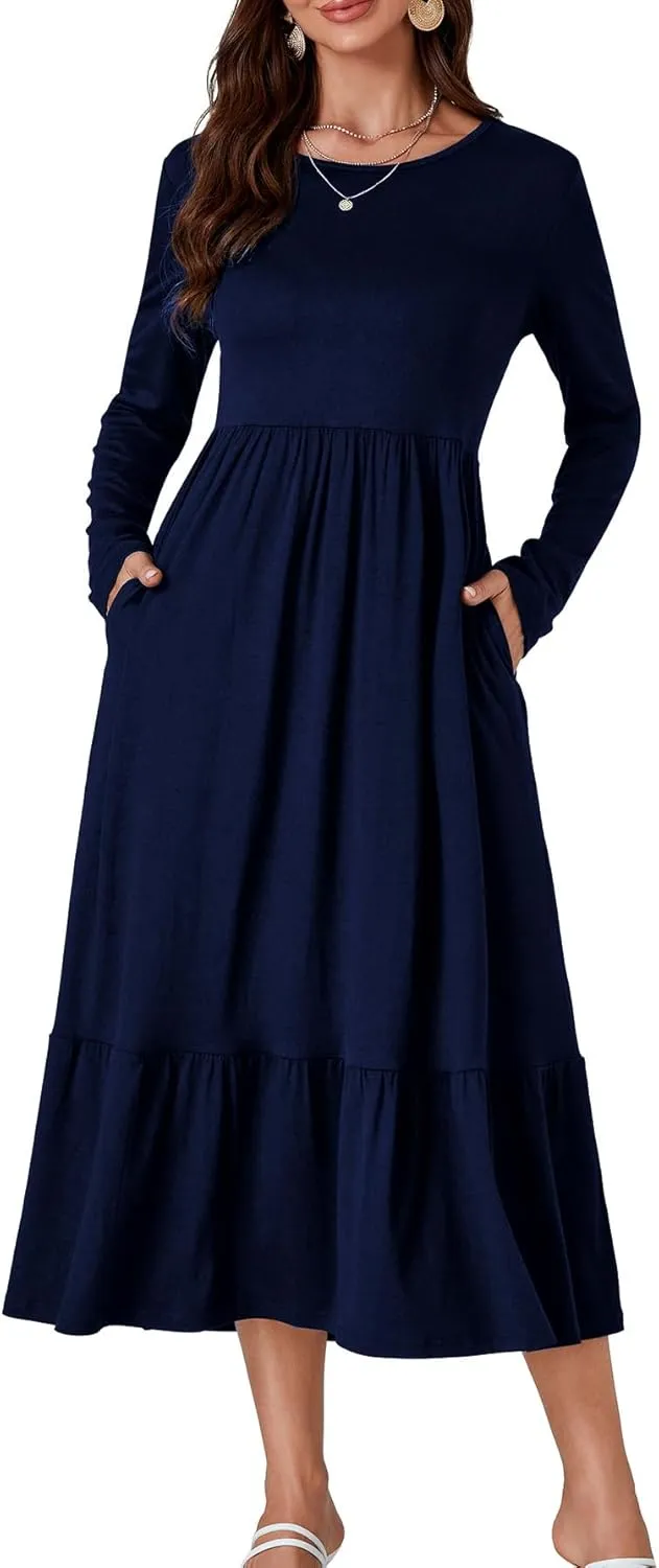 OPOIPIN Women's Long Sleeve Pleated Crewneck Casual Loose Ruffle Trim Swing Midi Dress