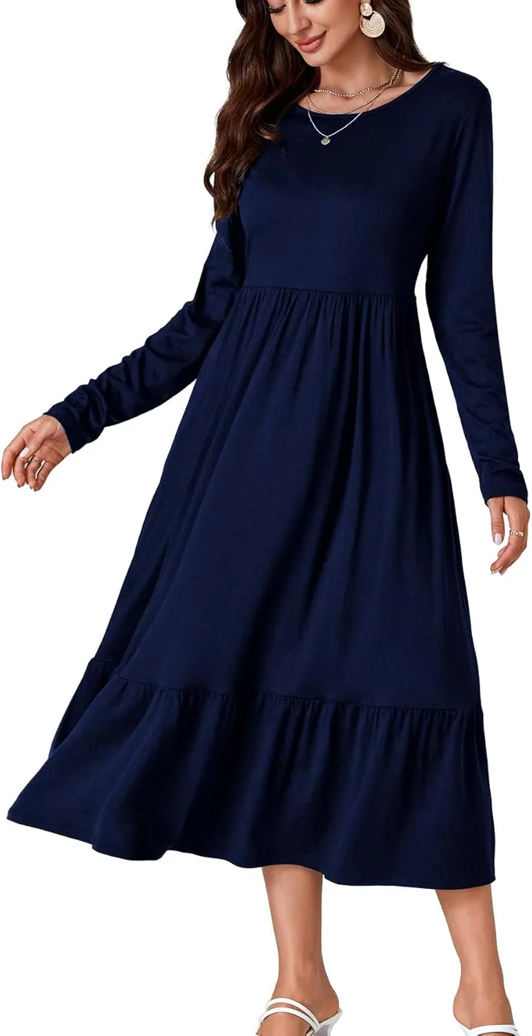 OPOIPIN Women's Long Sleeve Pleated Crewneck Casual Loose Ruffle Trim Swing Midi Dress