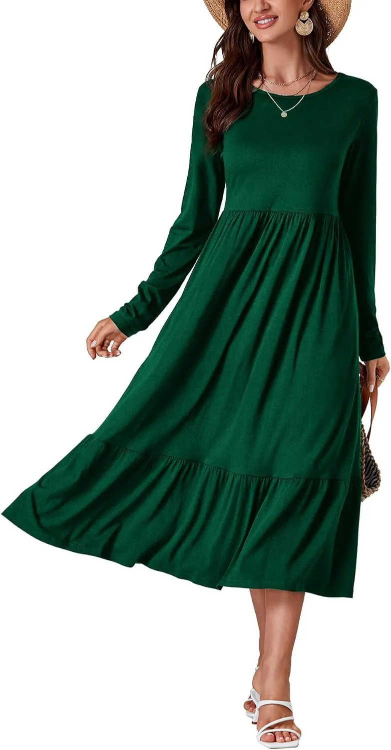 OPOIPIN Women's Long Sleeve Pleated Crewneck Casual Loose Ruffle Trim Swing Midi Dress
