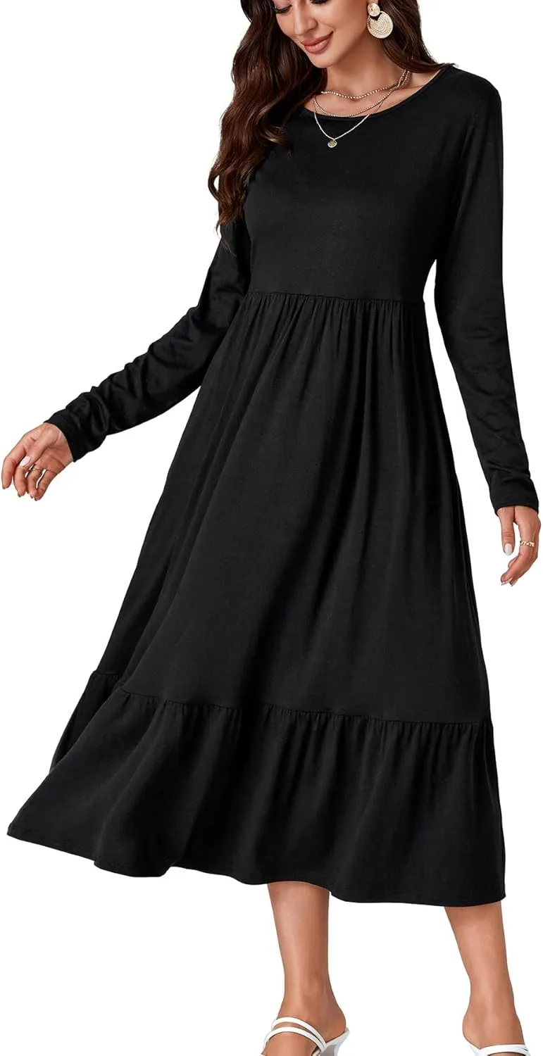 OPOIPIN Women's Long Sleeve Pleated Crewneck Casual Loose Ruffle Trim Swing Midi Dress