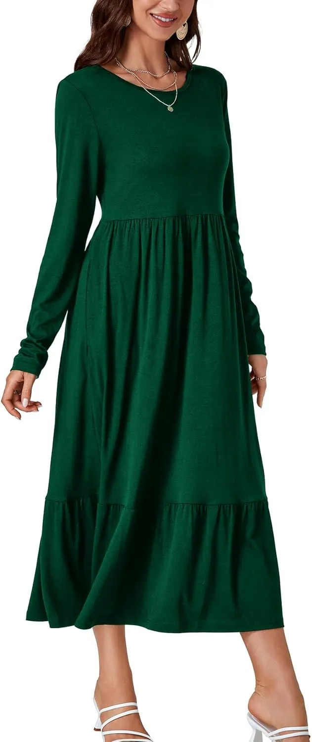 OPOIPIN Women's Long Sleeve Pleated Crewneck Casual Loose Ruffle Trim Swing Midi Dress