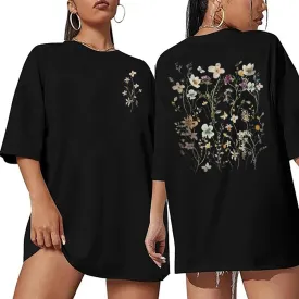 Oversized Wildflowers T-Shirt Women Boho Floral Graphic Tees Vintage Flower Plant T Shirt Garden Lover Botanical Tops