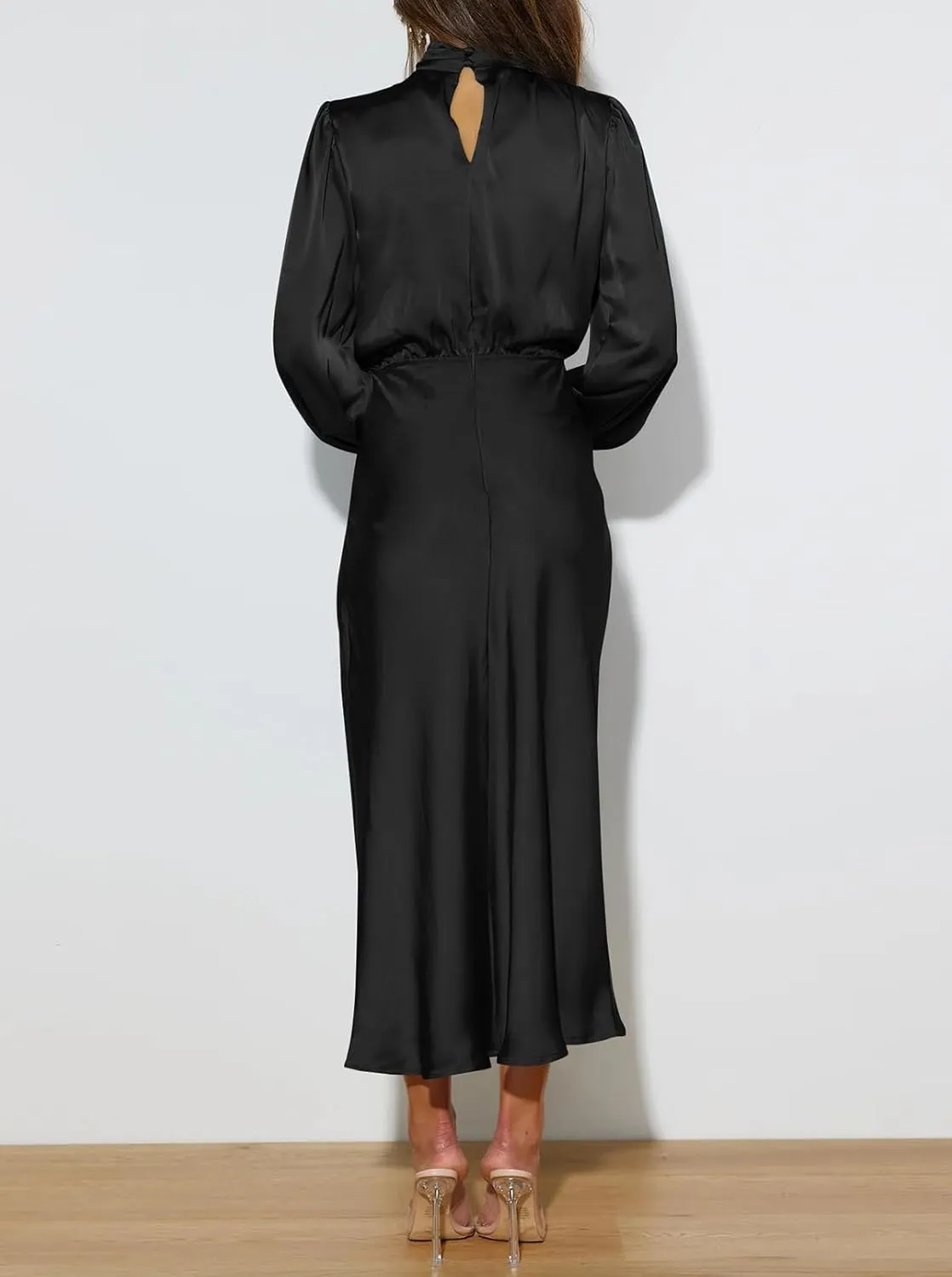 Pink Queen Women's Elegant Long Sleeve Satin Dress Mock Neck Elastic Waist Cocktail Party Wedding Guest Midi Dresses