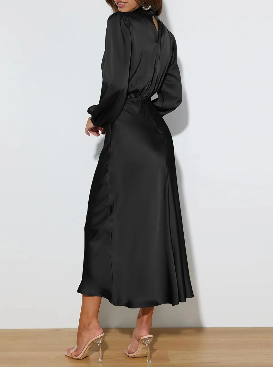 Pink Queen Women's Elegant Long Sleeve Satin Dress Mock Neck Elastic Waist Cocktail Party Wedding Guest Midi Dresses