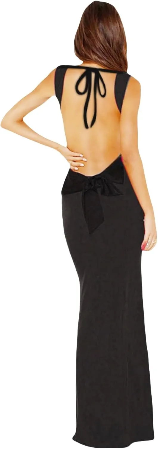 RARITYUS Womens Elegant Satin Bow Maxi Dress Sexy Cowl Neck Backless Wedding Guest Dress Cocktail Party Evening Gown