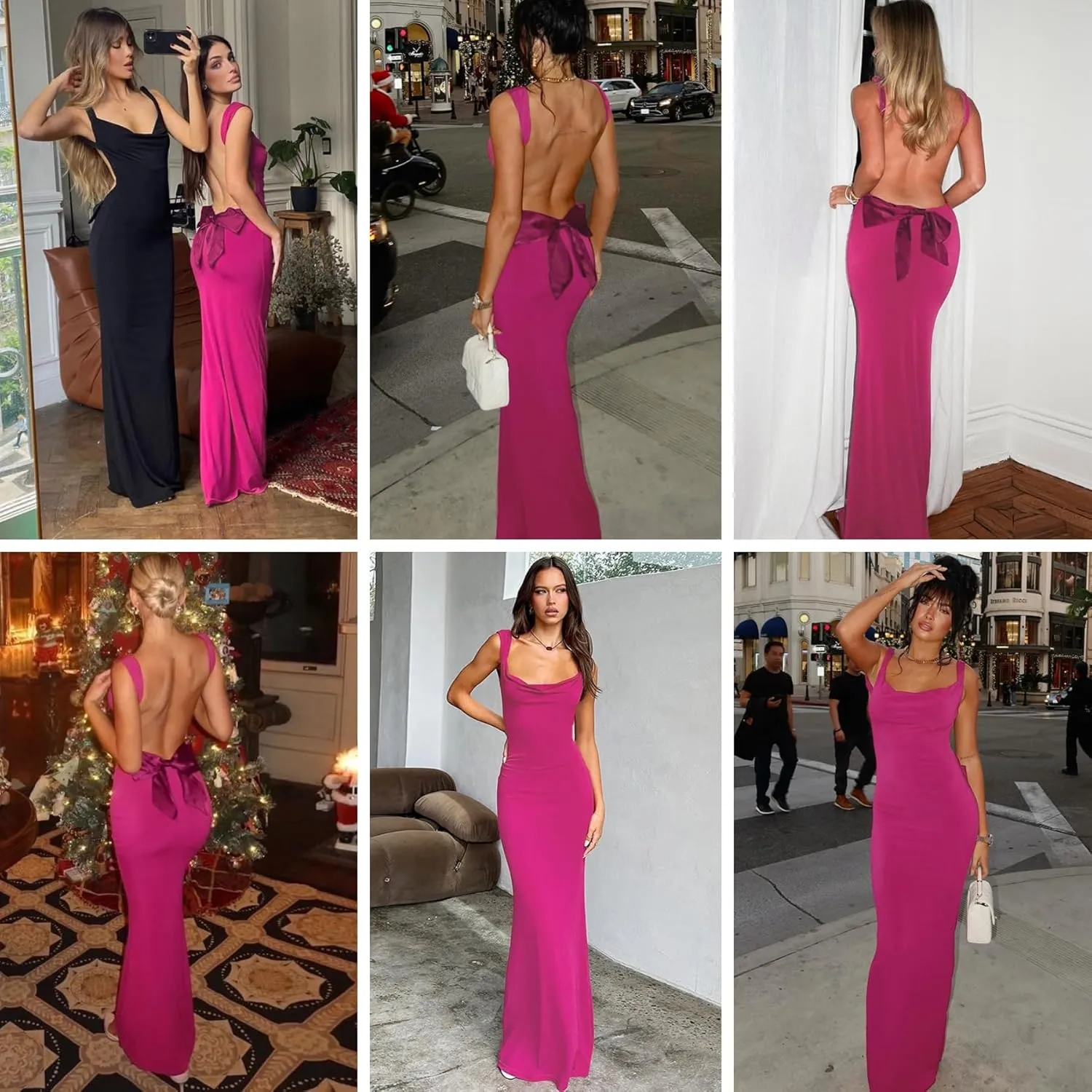 RARITYUS Womens Elegant Satin Bow Maxi Dress Sexy Cowl Neck Backless Wedding Guest Dress Cocktail Party Evening Gown