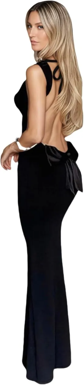 RARITYUS Womens Elegant Satin Bow Maxi Dress Sexy Cowl Neck Backless Wedding Guest Dress Cocktail Party Evening Gown