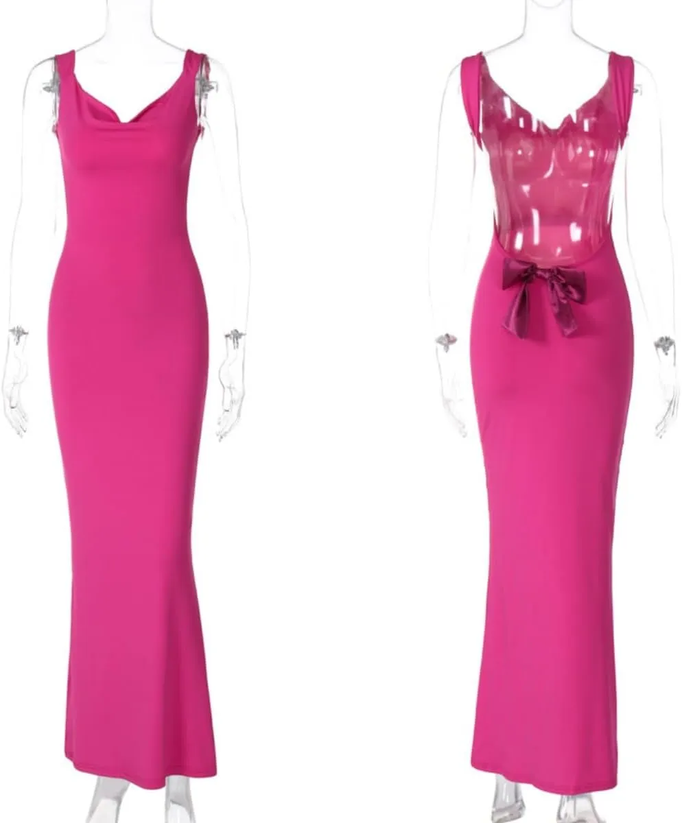 RARITYUS Womens Elegant Satin Bow Maxi Dress Sexy Cowl Neck Backless Wedding Guest Dress Cocktail Party Evening Gown