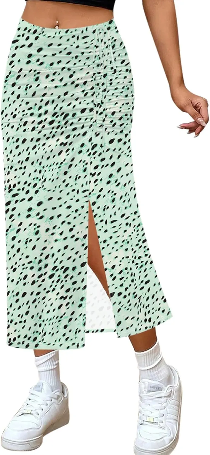 Relipop Women's Floral Boho Midi Skirt with Slit High Waisted Elastic Ruched Skirts Summer Sexy Leopard Print Skirt