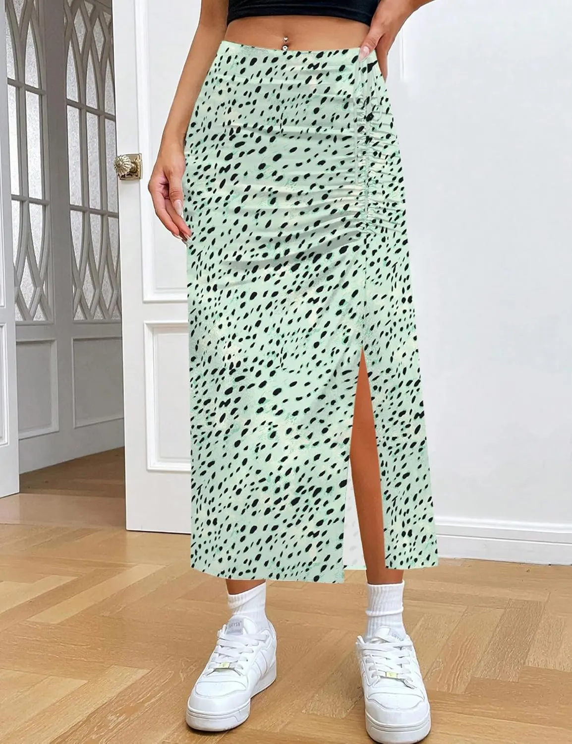 Relipop Women's Floral Boho Midi Skirt with Slit High Waisted Elastic Ruched Skirts Summer Sexy Leopard Print Skirt