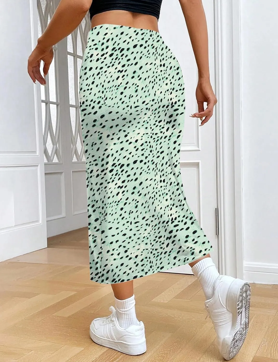 Relipop Women's Floral Boho Midi Skirt with Slit High Waisted Elastic Ruched Skirts Summer Sexy Leopard Print Skirt