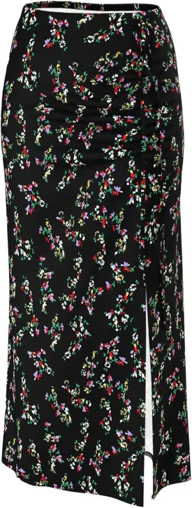 Relipop Women's Floral Boho Midi Skirt with Slit High Waisted Elastic Ruched Skirts Summer Sexy Leopard Print Skirt
