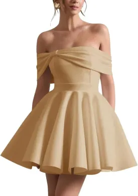 Satin Wedding Dresses for Bride Off Shoulder Bowknot Short Homecoming Dresses Puffy Sleeves Prom Dress with Pockets