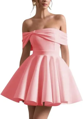 Satin Wedding Dresses for Bride Off Shoulder Bowknot Short Homecoming Dresses Puffy Sleeves Prom Dress with Pockets