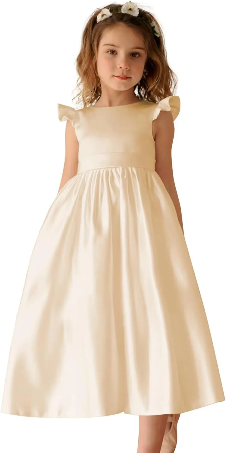 V-Back Satin Flower Girl Dress Girls Pretty Pageant for Wedding Guest First Communion Gown with Bowknot