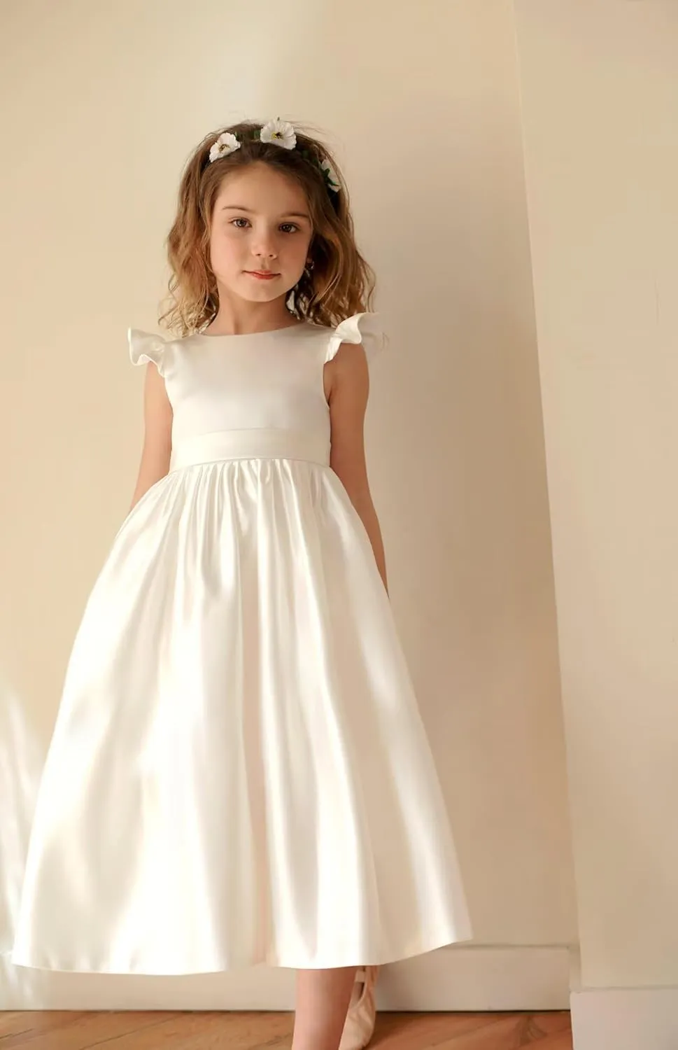 V-Back Satin Flower Girl Dress Girls Pretty Pageant for Wedding Guest First Communion Gown with Bowknot