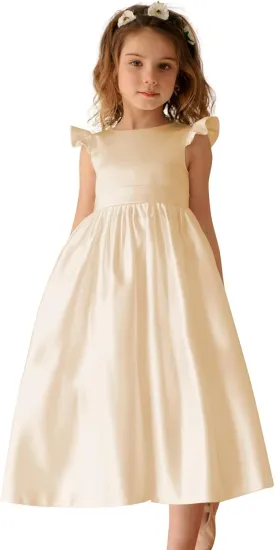 V-Back Satin Flower Girl Dress Girls Pretty Pageant for Wedding Guest First Communion Gown with Bowknot