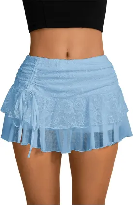 Verdusa Women's Y2k Elastic Waist Lace Mesh Layered Ruffled Mini Skirt Skort