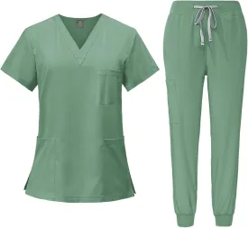 Women Scrubs Set V-Neck Stretch Tops with Pockets & Cargo Pants Jogger Nurse Work Uniform Quick Drying