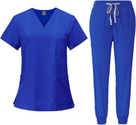 Women Scrubs Set V-Neck Stretch Tops with Pockets & Cargo Pants Jogger Nurse Work Uniform Quick Drying