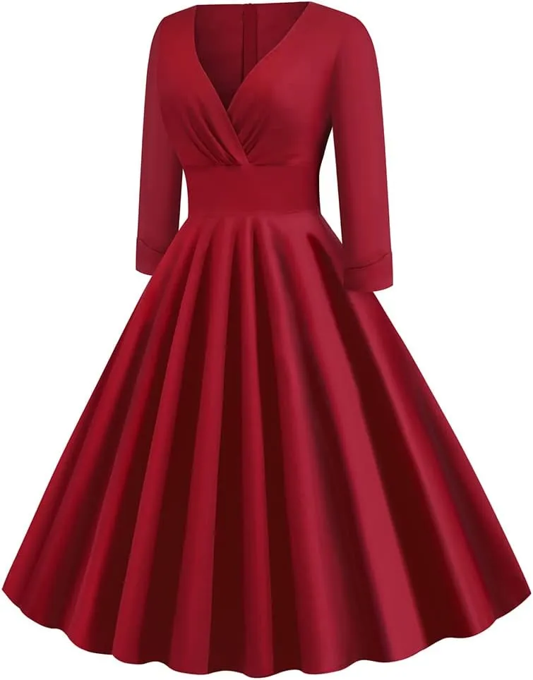 Women Vintage Off Shoulder Rose Embroidered Floral Evening Dress V Neck Short 3/4 Sleeves Wedding Cocktail A Line Midi Gown