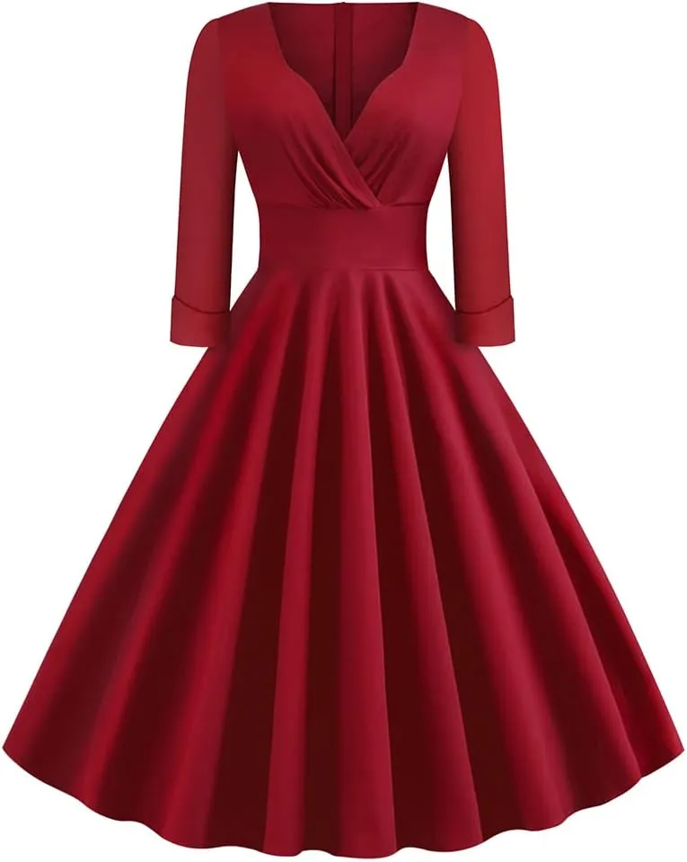 Women Vintage Off Shoulder Rose Embroidered Floral Evening Dress V Neck Short 3/4 Sleeves Wedding Cocktail A Line Midi Gown