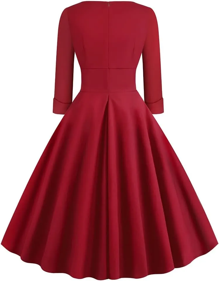 Women Vintage Off Shoulder Rose Embroidered Floral Evening Dress V Neck Short 3/4 Sleeves Wedding Cocktail A Line Midi Gown