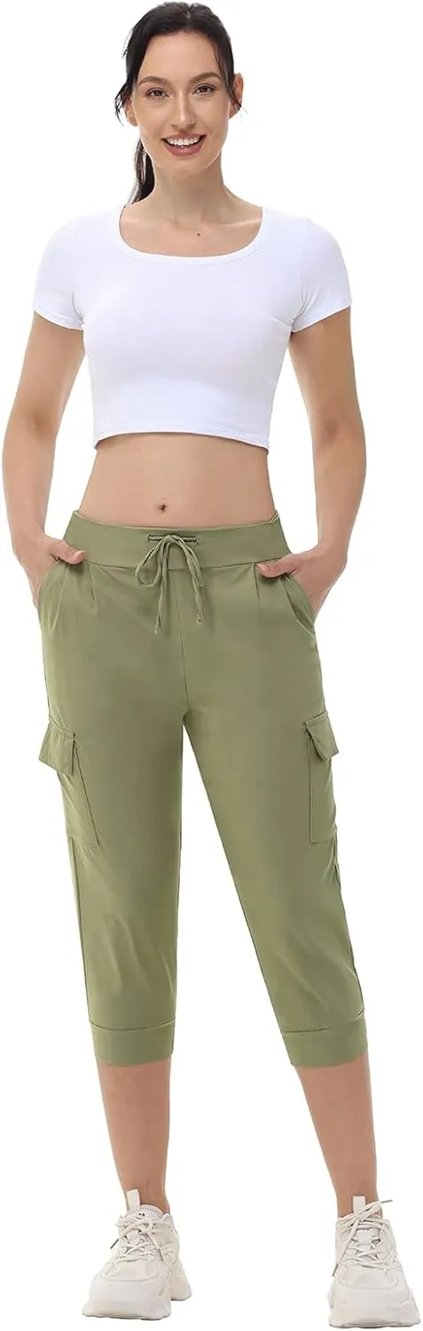 Womens Capri Cargo Joggers Pull on Capris Pants Crop Cropped Golf Pants with Pockets and Drawstring