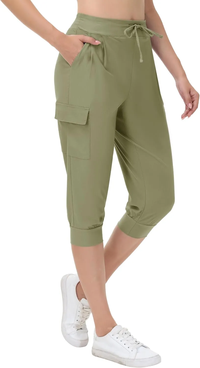 Womens Capri Cargo Joggers Pull on Capris Pants Crop Cropped Golf Pants with Pockets and Drawstring
